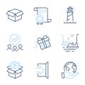Lighthouse, Packing boxes and Present delivery icons set. Bumper cars, Open box and Exit signs. Vector