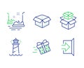 Lighthouse, Packing boxes and Present delivery icons set. Bumper cars, Open box and Exit signs. Vector