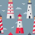 Lighthouse pattern, travel light building. Blue sea security or safety equipment, ocean adventures. Childish print Royalty Free Stock Photo