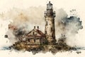 Lighthouse picture watercolor illustration retro generative ai