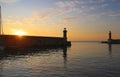 Lighthouse and sunrise , Bastia port, Corsica island