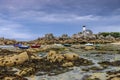 Lighthouse Pontusval on Kerlouan beach in Finistere in Brittany Royalty Free Stock Photo