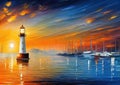 Port lighthouse background oil knife painting
