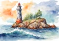 Watercolor illustration of a a lighthouse on the reefs. Royalty Free Stock Photo