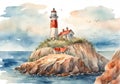 Watercolor illustration of a a lighthouse on the reefs. Royalty Free Stock Photo