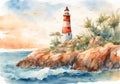 Watercolor illustration of a a lighthouse on the reefs. Royalty Free Stock Photo