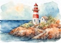 Watercolor illustration of a a lighthouse on the reefs. Royalty Free Stock Photo