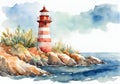 Watercolor illustration of a a lighthouse on the reefs. Royalty Free Stock Photo