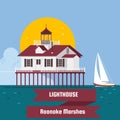 Lighthouse. Roanoke Marshes Lighthouse .Lighthouse on island cartoon vector background. Flat vector illustration Royalty Free Stock Photo