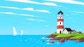 Lighthouse on rock island in sea. Horizontal Seascape with sailboats and marine navigation tower with on coast vector Royalty Free Stock Photo