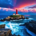 lighthouse on rock in the middle of