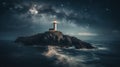 a lighthouse on a rock in the middle of the ocean under a night sky with stars and clouds above it is a body of water Royalty Free Stock Photo