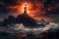 Lighthouse on the rock in the sea at sunset. 3d rendering, An isolated iron lighthouse shining out to sea at night on a rocky Royalty Free Stock Photo