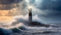 Lighthouse shining light in the stormy ocean with moody sky