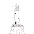 Lighthouse on the rock. Signal tower searchlight vector black white graphic line sketch isolated illustration. Royalty Free Stock Photo