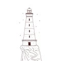 Lighthouse on the rock. Signal tower searchlight vector black white graphic line sketch isolated illustration. Royalty Free Stock Photo