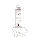 Lighthouse on the rock. Signal tower searchlight vector black white graphic line sketch isolated illustration. Royalty Free Stock Photo