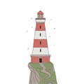 Lighthouse on the rock. Signal tower searchlight vector graphic line sketch isolated illustration. Royalty Free Stock Photo