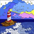 Lighthouse on rock stones island cartoon vector background. Beacon in ocean for navigation illustration Royalty Free Stock Photo