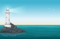 Lighthouse on rock stones island landscape. Navigation Beacon building in ocean. Vector illustration.