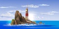 Lighthouse on rock stones island summer landscape. Navigation Beacon building in ocean. Vector illustration Royalty Free Stock Photo