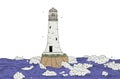 Lighthouse on rock among stormy sea waves. Landscape with signal tower searchlight and water for banner design. Vector Royalty Free Stock Photo