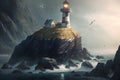 Lighthouse on the rock at sunset. 3d render illustration. Royalty Free Stock Photo
