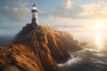 Lighthouse on the rock at sunset. 3d render illustration. Royalty Free Stock Photo