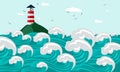 Lighthouse on the rocks of the islands around the sea rough waves cartoon vector background. Lighthouse in the ocean for Royalty Free Stock Photo