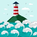 Lighthouse on the rocks of the islands around the sea rough waves cartoon vector background. Lighthouse in the ocean for Royalty Free Stock Photo