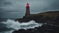 lighthouse on the rocks A scary lighthouse on a rocky cliff, overlooking a stormy sea. The lighthouse is old and rusty, Royalty Free Stock Photo