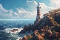 Lighthouse on the rocks in the sea. 3d render. Royalty Free Stock Photo