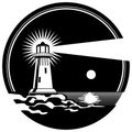 Lighthouse on the rocks shining moonlit night vector illustration