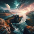 A lighthouse on a rocky cliff by the sea, under a sky full of stars and a planet. Royalty Free Stock Photo