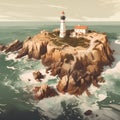 Lighthouse on the rocky coast of the Atlantic Ocean. Retro style