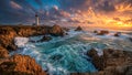 Lighthouse on Rocky Coast at Sunset Royalty Free Stock Photo
