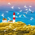 Lighthouse on rocky coastline with colourful skies and seagulls