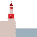 Lighthouse, rocky island, ocean. Red and beige. vector