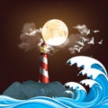 Lighthouse on rocky outcrop at night Royalty Free Stock Photo