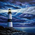 A lighthouse on a rocky shore illuminates the night sea. Royalty Free Stock Photo