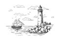 A Lighthouse On A Rocky Shore And A Ship On The Horizon. Hand Drawn Sketch. Vintage Style. Black And White Vector Illustration