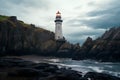 A majestic lighthouse standing tall amidst crashing waves on a rugged rocky shore. AI Generated Royalty Free Stock Photo