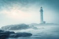 a lighthouse on a rocky shore with waves crashing in front of it on a foggy day with sun shining through the clouds and a blue Royalty Free Stock Photo