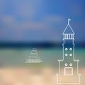 Lighthouse, sailboat, island, ocean on seascape background. Vector Royalty Free Stock Photo