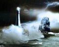 Lighthouse and ship under the storm