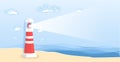 Lighthouse on sea beach in paper art style. Vector illustration origami paper cut design. Lighthouse beam with copy