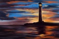 lighthouse and sea landscape, sunset hand drawn art illustration painted with watercolors Royalty Free Stock Photo