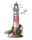 Lighthouse. Sea light white watercolor symbol beacon with lighted night beam isolated vector illustration Royalty Free Stock Photo