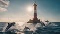 lighthouse in the sea _ the lighthouse is surrounded by a group of dolphins that are jumping and playing in the water. Royalty Free Stock Photo