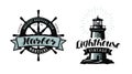 Lighthouse, sea pier, harbour logo or label. Nautical concept. Typographic design vector